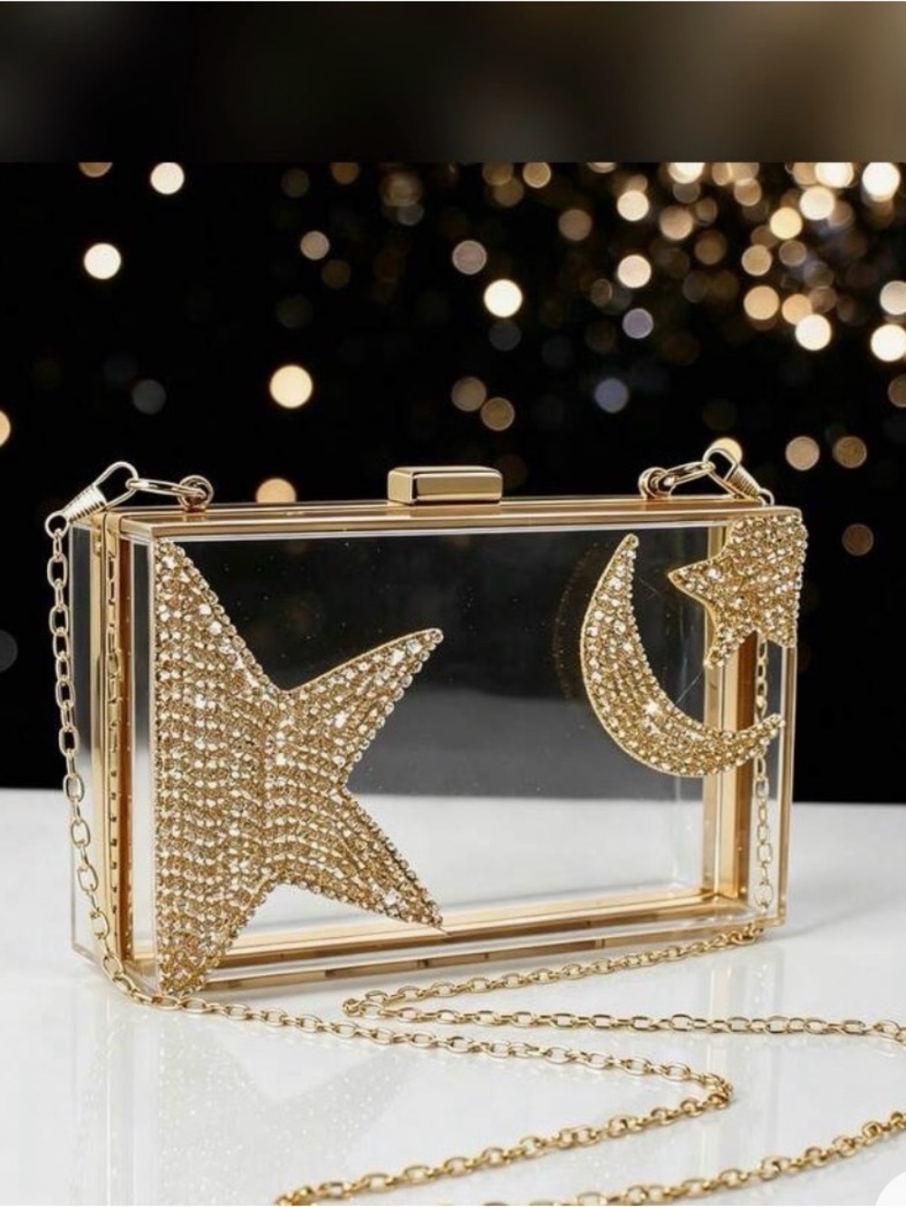 Crystal Star & Moon Clear Box Clutch - Gold